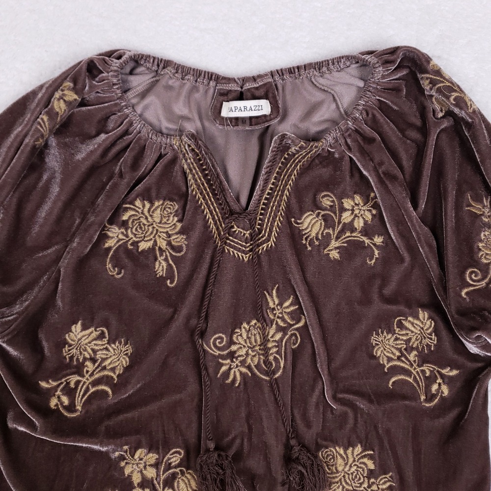 Paparazzi Brown Velvet Embroidered Peasant Blouse Tassel V-Neck Medium Boho - Picture 2 of 8
